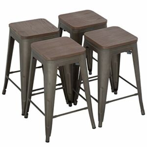 FDW 24 Inches Metal Bar Stools Set of 4 Counter Height Wood Seat Barstool Patio Stool Stackable Backless Stool Indoor Outdoor Metal Kitchen Stools Bar Chairs (Bronze)