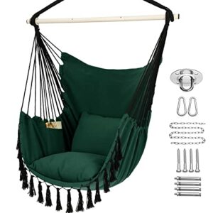 Y- STOP Hammock Chair Hanging Rope Swing, Max 500 Lbs, 2 Cushions Included, Large Macrame Hanging Chair with Pocket for Superior Comfort, with Hardware Kit, Green