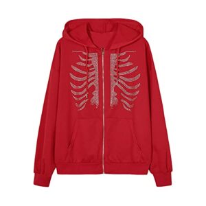 Unisex Skeleton Zip Up Hoodie Fashion Women's Drawstring Sweatshirt Long Sleeve Skeleton Graphic Pullover Jackets Red