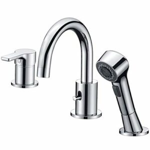 CREA Bathroom Faucet 3 Hole Bathtub Widespread Sink Faucets Chrome with Shower Diverter Pull Out Shower Head Roman Bathtub Waterfall Spout Filler Faucet for Baby Pet Dog Cat Bath Hair Washing