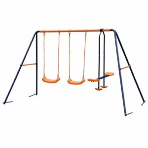 JungleA Double Swing Set with 2 Swing Seats with 1 Seesaw Play Set, Metal A-Frame Garden Double Swing Slider Set for Children, All-Weather Resistant for Outdoor Use