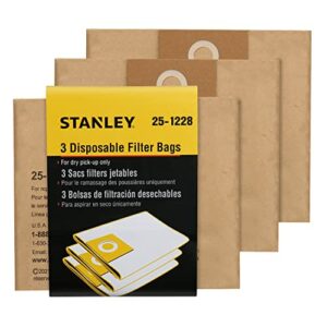 Stanley 25-1228 Disposable Filter Dust Bag Fits 2.5-3.5 Gallon Wet/Dry Vacuum Cleaner Compatible With SL18136 SL18115, 3 Pack