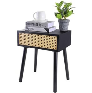 Rattan Nightstand, Small End Table with Storage (No Assembly Required), Black Side Tables Bedside Table Mid-Century Modern Style Coffee Table for Living Room Bedroom Balcony Office