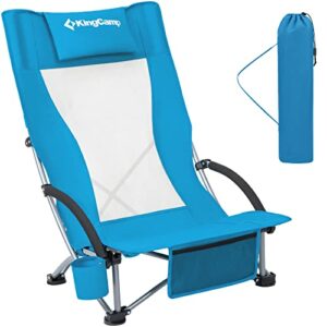 KingCamp Mesh High Low Seat Folding Portable Lightweight Beach Chair for Adults with Full Back, Cup Holder, Carry Bag and Padded Armrest for Sand Camping Lawn Concert Travel Festival, HighBack_Blue