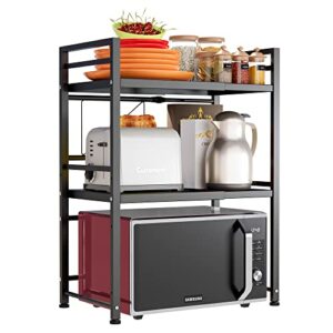 DOLALIKE Microwave Oven Rack, Expandable Microwave Stand Countertop Kitchen Utensils Tableware Storage, Carbon Steel Over Microwave Shelf Countertop 3 Tier with 3 Hooks