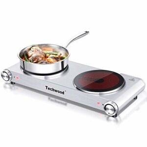 Hot Plate, Techwood 1800W Electric Dual Hot Plate, Countertop Stove Double Burner for Cooking, Infrared Ceramic Hot Plates Double Cooktop, Silver, Brushed Stainless Steel Easy To Clean Upgraded Version