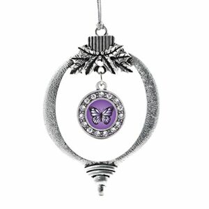 Inspired Silver - Purple Butterfly Charm Ornament - Silver Circle Charm Holiday Ornaments with Cubic Zirconia Jewelry