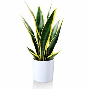 Kazeila Artificial Snake Plant 16 Inch Small Fake Sansevieria Tree,Faux Desk Plant in Pot for Indoor Outdoor Home Office Any Room Decor,Perfect Housewarming Gift