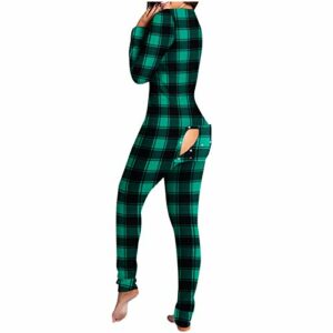 Gerichy Womens Pajama Sets, Women Long Sleeve Bodycon Jumpsuit Deep V Neck Long Rompers Pajamas Onesies Sexy Butt Button Back Flap Purple