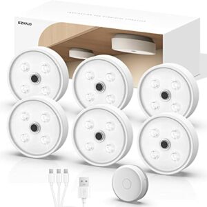 EZVALO Puck Lights with Remote, Group Control Under Cabinet Light Wireless, Rechargeable Battery Powered Light, Under Counter Lights for Kitchen, Closet, Under Cabinet Lighting (6 Pack)