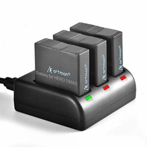 Artman Hero 7/6/5 Battery 1480mAh 3-Pack and 3-Channel LED USB Hero 7 Charger Compatible with Gopro Hero 7 Black,Hero 6 Black,Hero 5 Black,Hero 2018(Not for Silver or White)