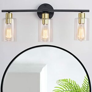 MRHYSWD 3 Light Bathroom Light Fixtures Matte Black and Gold Vanity Light for Bathroom with Glass Shade Modern Wall Sconce Industrial Wall Light Fixtures for Living Room, Porch, Hallway, Bedroom