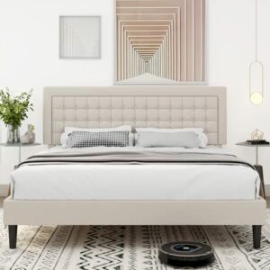 HIFIT King Bed Frame, Button Tufted Upholstered Platform with Adjustable Headboard, Mattress Foundation with Sturdy Frame, No Box Spring Needed, Easy Assembly, Beige