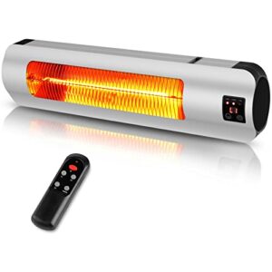 FLAMEMORE Electric Patio Heater, 1500W Wall-Mounted Infrared Heater with Remote Control, 12H Timer, Super Quiet Outdoor Patio Heater for Garage Balcony, Silver