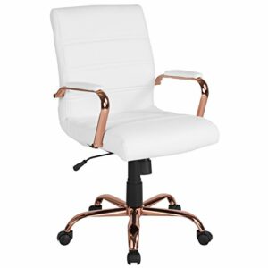 Flash Furniture Whitney Mid-Back Desk Chair - White LeatherSoft Executive Swivel Office Chair with Rose Gold Frame - Swivel Arm Chair