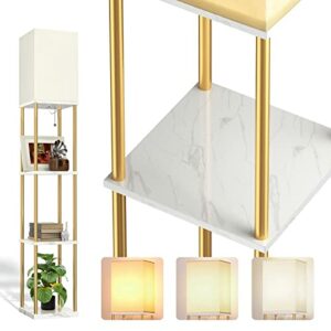 addlon LED Modern Shelf Floor Lamp with White Lamp Shade and LED Bulb - Display Floor Lamps with Shelves for Living Room, Bedroom and Office - Marble Texture & Gold Frame