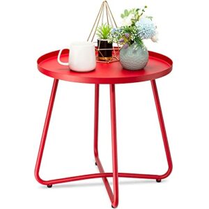 danpinera Outdoor Side Tables, Weather Resistant Steel Patio Side Table, Small Round Outdoor End Table Metal Side Table for Patio Yard Balcony Garden Bedside (Red)
