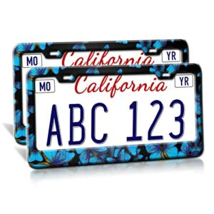 2PCS Blue Butterfly License Plate Frames, Butterfly License Plate Covers Aluminum Stainless Metal License Plate Holder Auto Car Accessories Tag Decorations for Women with 2 Holes Screws Standard Size