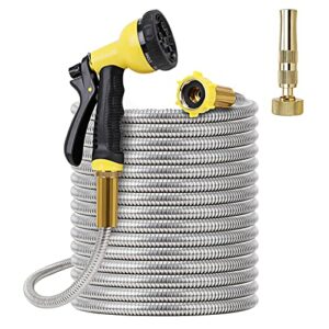 Metal Garden Hose 100FT - Stainless Steel Heavy Duty Water Hose with Solid Metal Nozzle & 8 Function Sprayer, Portable & Lightweight Kink Free Yard Hose, Outdoor Hose
