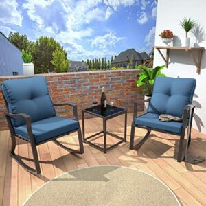Kullavik 3 Piece Patio Bistro Sets Outdoor Rocking Chairs Modern Patio Furniture Set Outdoor Conversation Set with Coffee Table & 2 Navy Blue Thickened Cushions