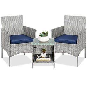 Best Choice Products 3-Piece Outdoor Wicker Conversation Bistro Set, Space Saving Patio Furniture for Yard, Garden w/ 2 Chairs, 2 Cushions, Side Storage Table - Gray/Navy
