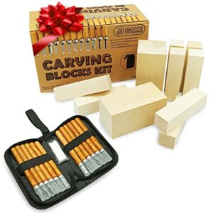 JJ CARE Wood Carving Kit - Premium Wood Whittling Kit 10 Wood Blocks + 12 SK2 Carbon Steel Tools - Beginner Whittling Kit for Kids and Adults, Basswood Carving Kit, Soap Carving Set