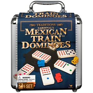 Mexican Train Dominoes Set Tile Board Game in Aluminum Carry Case Games with Colorful Trains for Family Game Night, for Adults and Kids Ages 8 and up