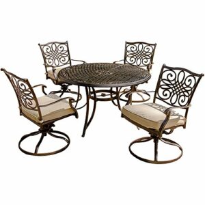 Hanover Traditions 5-Piece Cast Aluminum Outdoor Patio Dining Set, 4 Swivel Rocker Chairs and 48