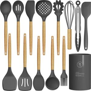 14 Pcs Silicone Cooking Utensils Kitchen Utensil Set - 446°F Heat Resistant,Turner Tongs, Spatula, Spoon, Brush, Whisk, Wooden Handle Gray Kitchen Gadgets with Holder for Nonstick Cookware (BPA Free)