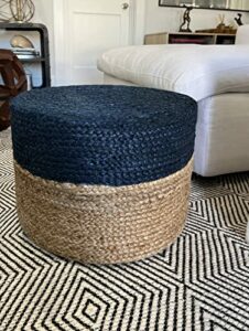 S & L Homes Pouf Ottoman - 100% Jute Braided Footrest Stool Hand Knitted Traditional Cord Boho Pouffe for Living Room, Bedroom, Nursery, Patio, Lounge Colorblock - Natural Navy (18”x18”x12”)