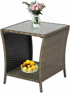 KINTNESS Wicker Rattan Side Table Outdoor End Table Patio Courtyard Coffee Bistro Glass Table with Storage