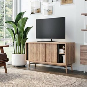 Nathan James Liam Modern Mid-Century TV Stand, Media Console or Entertainment Cabinet with Sliding Doors, Oak