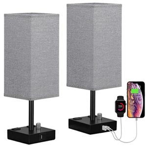 Gray Fully Dimmable Nightstand Lamps Set of 2 - Table Bedside Lamp with USB C+A Charging Ports & 2 AC Outlets, Square Lamp Sets Linen Fabric Shade for Bedroom Living Room( Bulb Included)