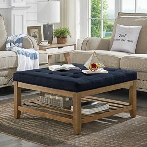 24KF Large Square Upholstered Tufted Linen Ottoman Coffee Table , Large Footrest Ottoman with Solid Wood Shelf- Navy Blue