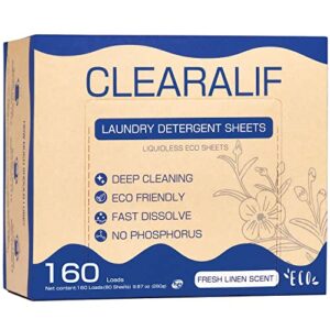 Laundry Detergent Sheets Up to 160 Loads, Fresh Linen - Great For Travel,Apartments, Dorms,CLEARALIF Laundry Detergent Strips Eco Friendly & Hypoallergenic - 80 Sheets