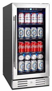 Kalamera 15” Beverage Cooler and Refrigerator Under Counter Built-in or Freestanding - 96 Cans Capacity Mini Fridge- for Soda, Water, Beer or Wine - For Kitchen or Bar with Blue Interior Light