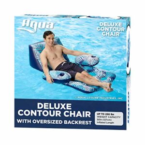 Aqua Deluxe Contour Pool Chair Lounge, Luxury Fabric, Suntanner Adult Size Pool Float, Lake Floating Chair, Heavy Duty, Blue/White Fern