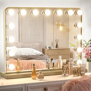 Keonjinn Hollywood Vanity Mirror with Lights, Gold Lighted Vanity Mirror Large Makeup Mirror with Lights 15 Replaceable LED Bulbs Dimmable 3 Color Lighting Modes, USB Charging Port, Slim Metal Frame