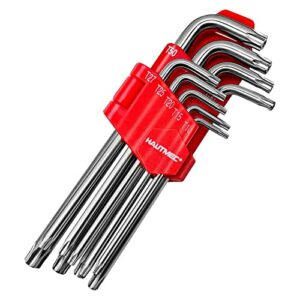 HAUTMEC Star Key Wrench Set, 9-Piece Torx Star Wrenches- Chrome Vanadium Steel and Drilled tips for Tamper Resistant Fasteners, HT0222-SS