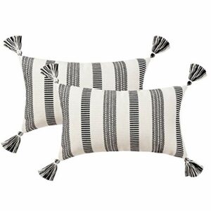 Decorative Lumbar Black White Throw Pillow Covers Set, Modern Striped Boho Farmhouse Pillow Cover, Neutral Textured Couch Pillow Cases (12x20 Inches, 2 Pack)