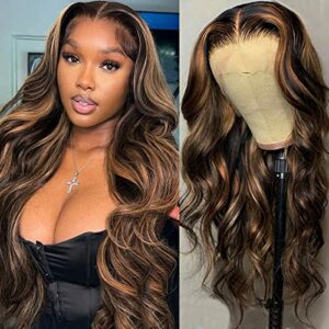 Highlight Body Wave Ombre 4x4 Lace Front Wig Human Hair Balayage FB30# Colored Human Hair Wigs for Women Lace Frontal Wigs for Wedding 150% Density Pre Plucked (16 inch)