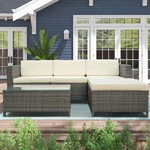 SUNVIVI OUTDOOR 5 Pieces Patio Furniture Sets All Weather Outdoor Sectional Sofa Manual Weaving Wicker Rattan Patio Conversation Set with Grey Washable Cushions and Glass Table