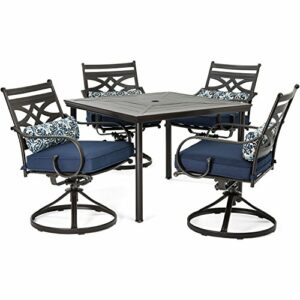 Hanover Montclair 5-Piece Outdoor Patio Set with Navy Blue Cushions, 4 Swivel Rockers and Stamped Steel Square Dining Table, MCLRDN5PCSQSW4-NVY