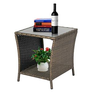 Patio Brown Wicker Side Table Outdoor Square Tempered Glass Top End Table with Storage for Patio Courtyard Balcony