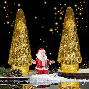 Mercury Glass Christmas Tree, 2-Pack Lighted Xmas Tree Decorations, Holiday Centerpiece Battery Operated LED with Timer, Decorative for Tabletop Window Mantel Display Party Indoor Home Decor (Gold)
