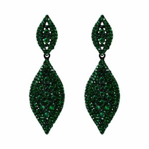 Flyonce Women's Rhinestone Crystal Wedding Bridal 2 Leaf Drop Dangle Chandelier Earrings Black-Tone Green