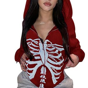 Prreey Women Oversized Fashion Sweatshirt Zip Up Hoodie,Long Sleeve Pullover Casual Pockets Hoodie Skeleton Jacket (E# Red Bone, Small)