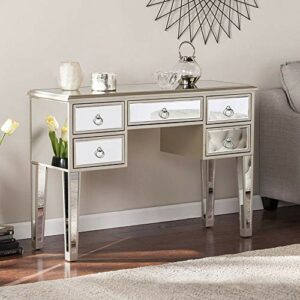 MTFY Mirrored Console Table,Mirrored Makeup Vanity Table Desk, 5 Drawer Media Console Table for Women Home Office Writing Desk Smooth Finish with Ring Knobs (5 Drawer,Silver)