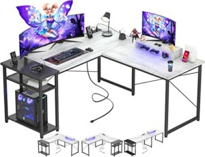 Cyclysio L Shaped Desk with LED Light, Reversible L-Shaped Corner Desk with Power Outlets and USB, 83.5'' Large 2 Person Desk with Monitor Stand, 51 L Shaped Gaming Computer Desk, White Oak and Black