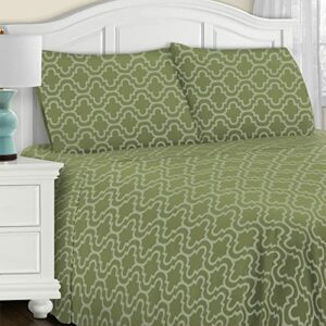 SUPERIOR Extra Soft Printed All Season 100% Brushed Cotton Flannel Trellis Bedding Sheet Set with Deep Pockets Fitted Sheet - Sage Trellis, King Size